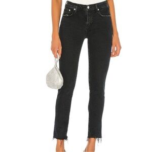 AGOLDE 30 Toni Mid Rise Straight Leg Jeans Feral Washed Black Raw Hem Distressed